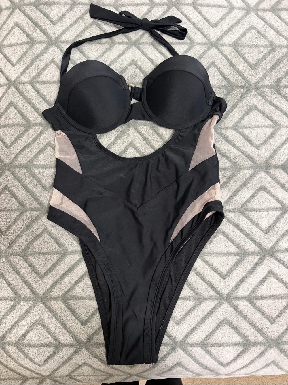 Fashion Nova Black One-Piece Swimsuit with Beige Mesh Insets